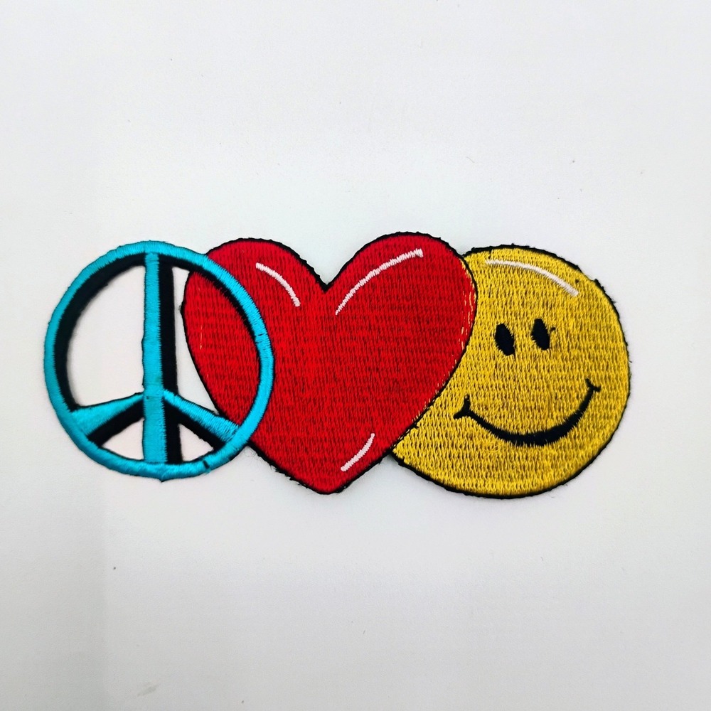 Peace Love Happiness Embroidered Patch Peace Sign Red Heart  Smiley Face Vintage